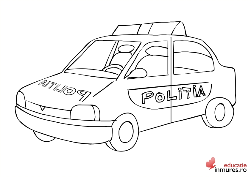 Plansa de colorat in care copiii invata cum arată masina de politie
