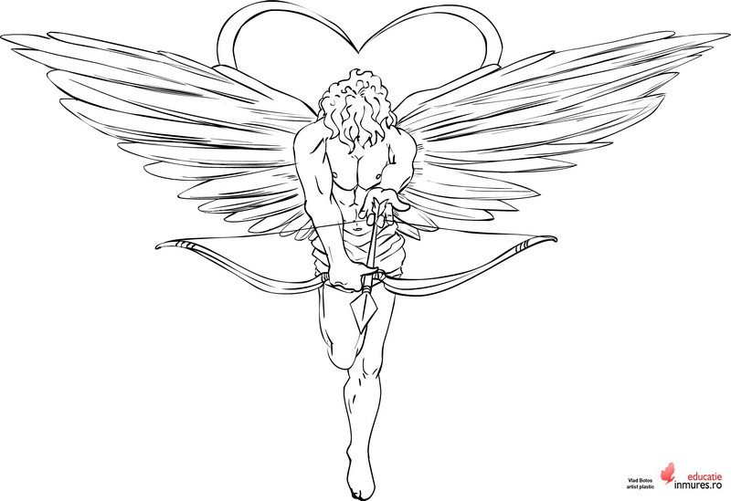 Plansa de colorat cu zeul iubirii Cupidon