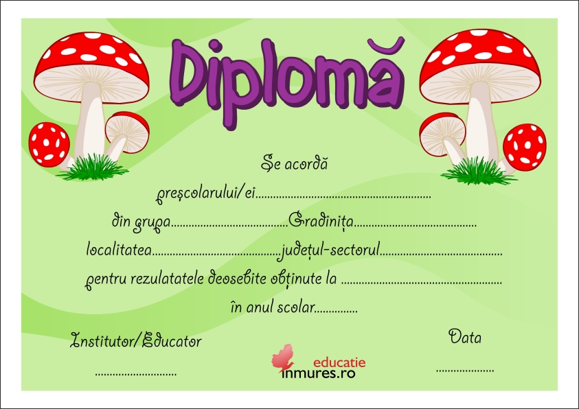 Diploma pentru grădiniță cu ciupercuță