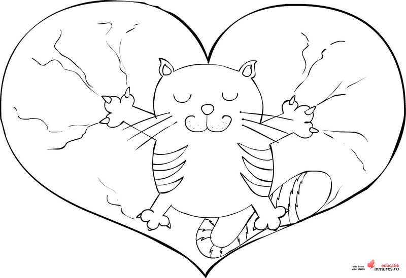 Plansa de colorat cu pisicuta cu inimioara