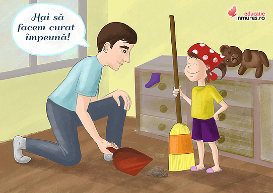 Ilustrație tată, copil „Hai să facem curat împreună”