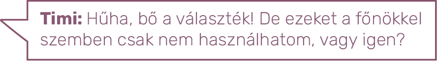 Timi: Hűha, bő a választék  De ezeket a főnökkel szemben csak nem használhatom, vagy igen  