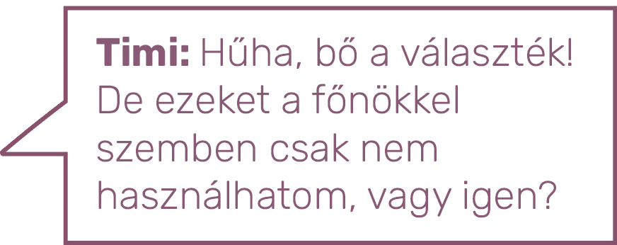 Timi: Hűha, bő a választék  De ezeket a főnökkel szemben csak nem használhatom, vagy igen  